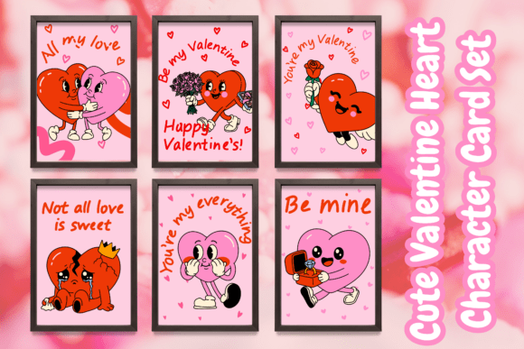 Download Cute Valentine Heart Character Card Set - Card set Collection